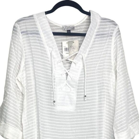 NWT J. Valdi Santa Barbara Big Shirt Tunic LaceUp Texture Stripe Coverup L White - Picture 3 of 15
